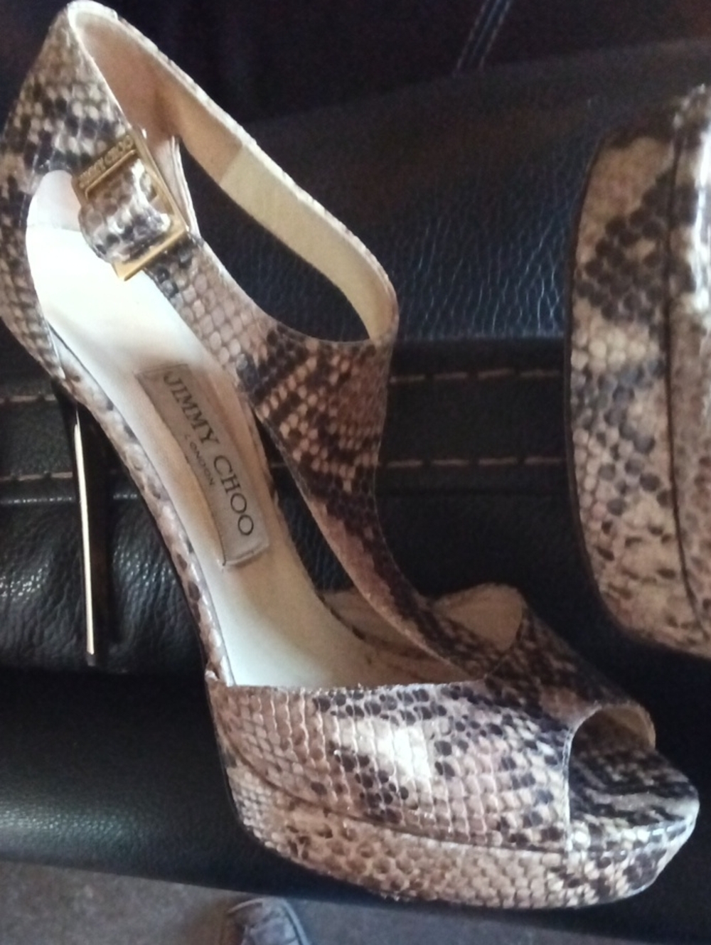 Jimmy Choo Snake-Print Peep-Toe Platform Sandals in Brown and Cream